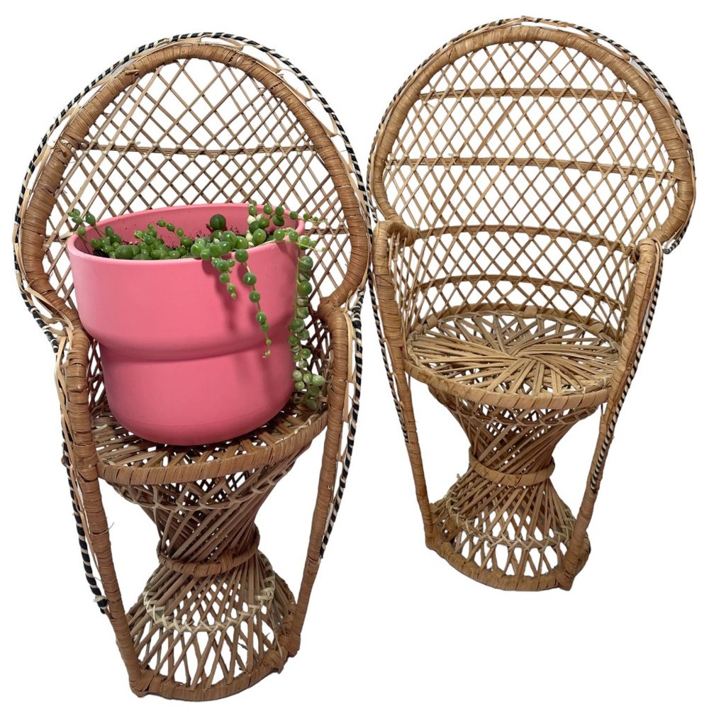 Mini Wicker Peacock Chairs set of 2 18" Boho plant stands